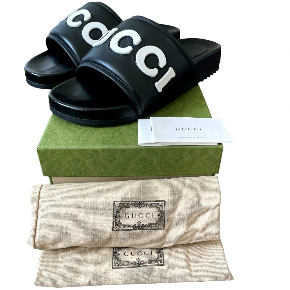 Authentic GUCCI Jumbo Logo Leather Slide Sandals Black Men's Size 8 | US 8.5 NWT